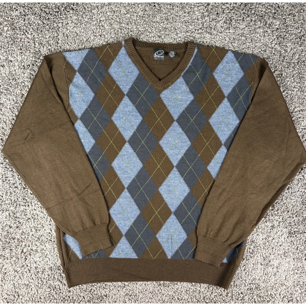 Cotton Reel Mens XL Merino Wool Blend Argyle V-Neck Sweater Brown Blue Grey